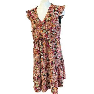 J. Crew Midi Dress Floral Print V Neck Flutter Sleeve Elastic Waist Size 14